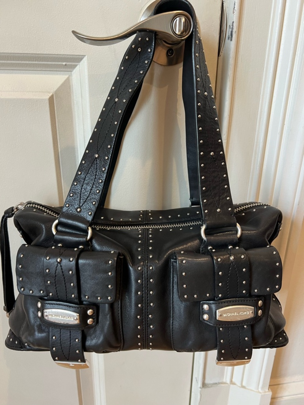 Michael Kors Astor Black Leather Studded Shoulder from the Y2 Collection